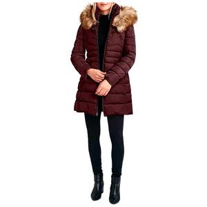 Laundry by Shelli Segal Puffer Coat Black Plum Mid-length With Faux Fur Med. NWT